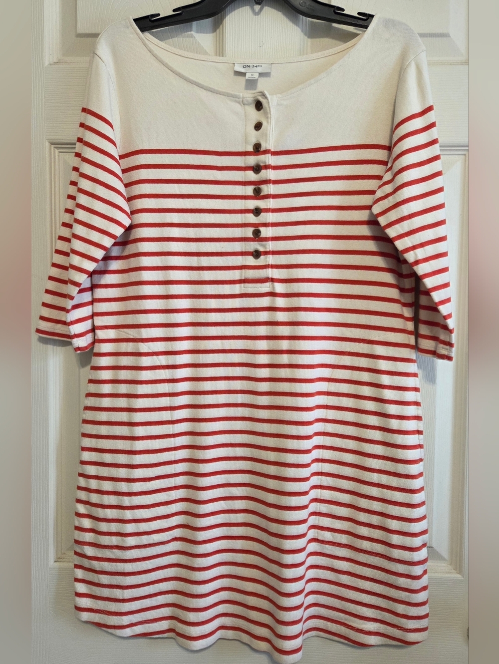 ON 34th Red White Striped Knit Dress Henley Button Front 3/4 Sleeve Cotton Sz M